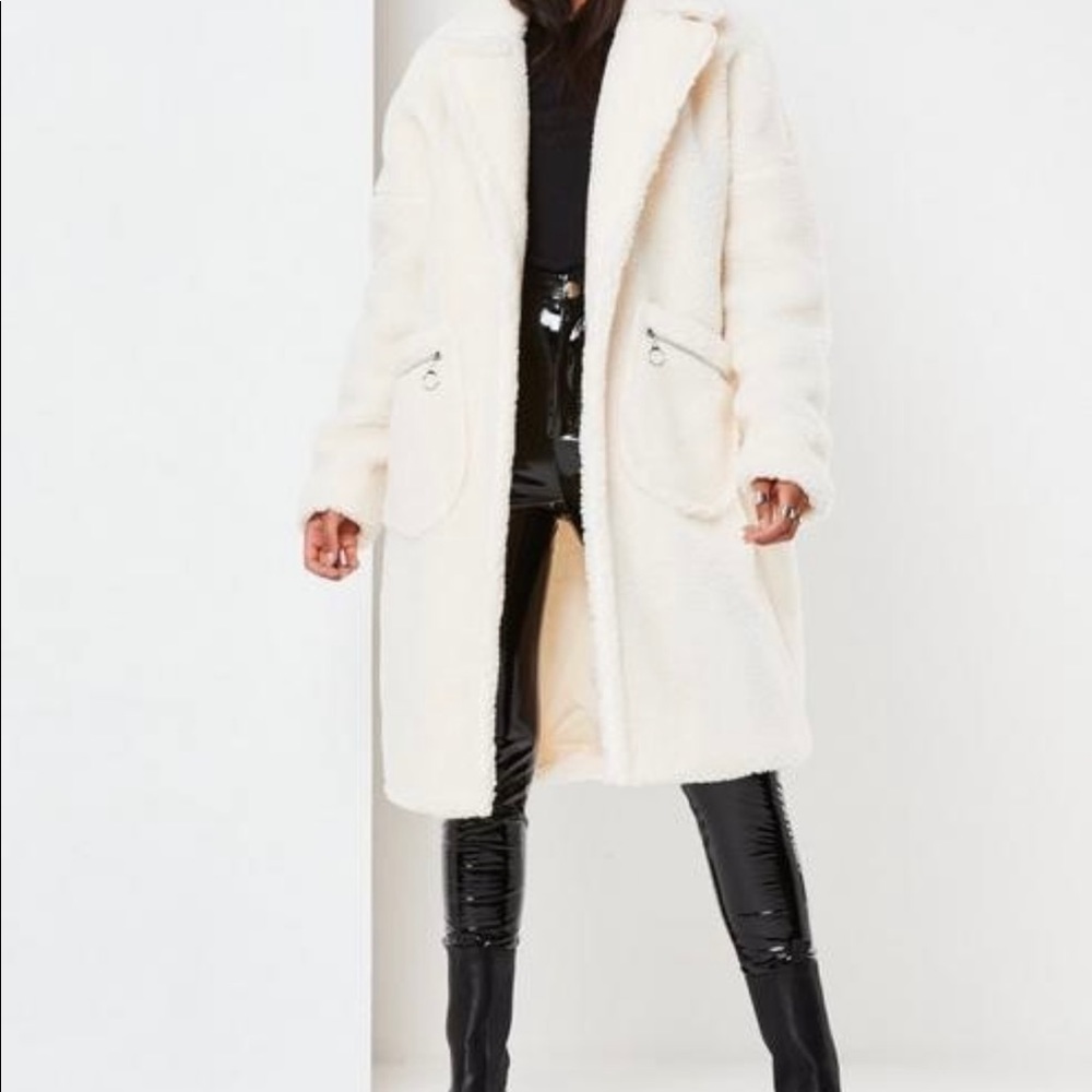 Missguided cream borg teddy zip pocket coat